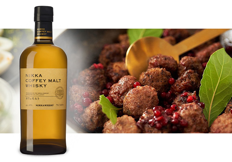 Köttbullar smaksatta med ingefära och soja, glaserade med en skvätt miso i gräddsåsen – matcha gärna med Nikka Coffey Malt