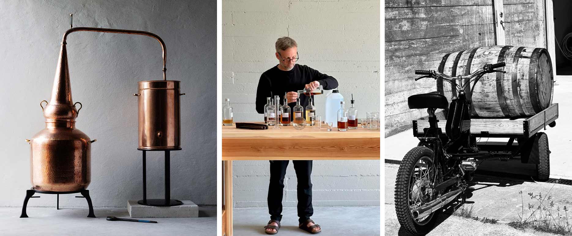 Magnus Löwenhielm bränner whisky i kopparpanna på Bräntings Bränneri i Bunge på Gotland. Faten körs bort på flakmoppe till en bunker i närheten av gården.
