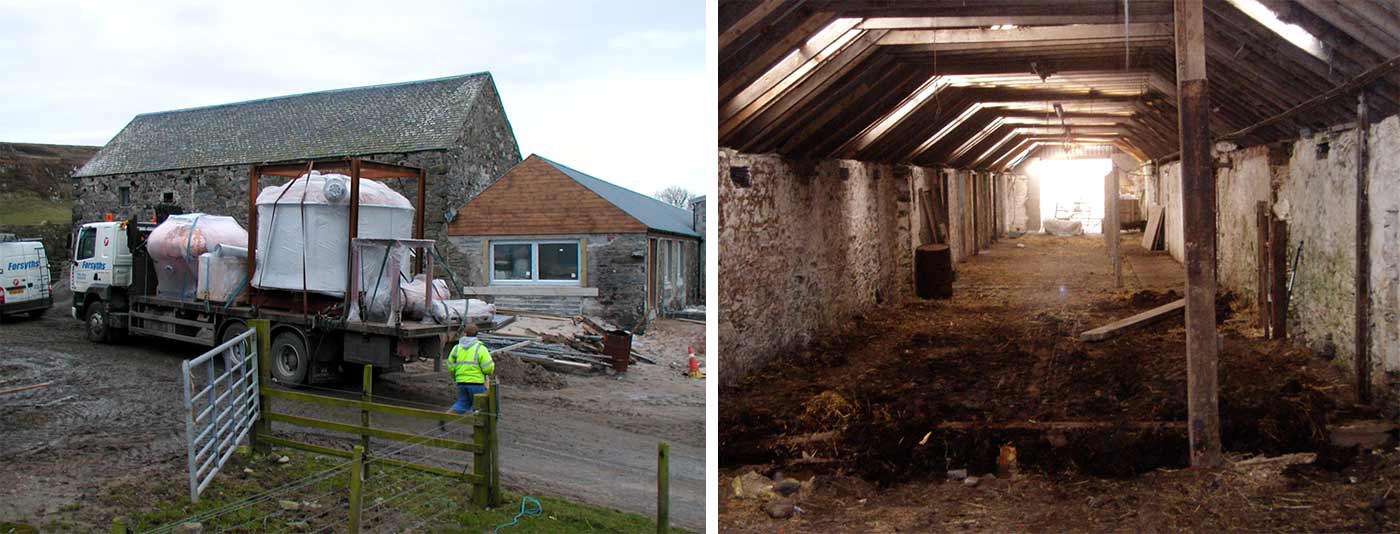 Leverans av kopparpannor från Forsyth 2005. Besökscentrat inrymdes senare i den gamla ladugården!