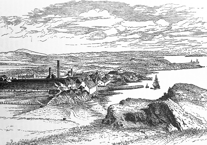 Boken är fylld med imponerade kopparstick – som detta där man överblickar Ardbeg Distillery.